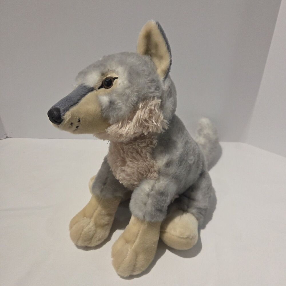 The Petting Zoo 10" Plush Sitting Wolf Coyote Recycled Fuzzy w/ Brown Eyes